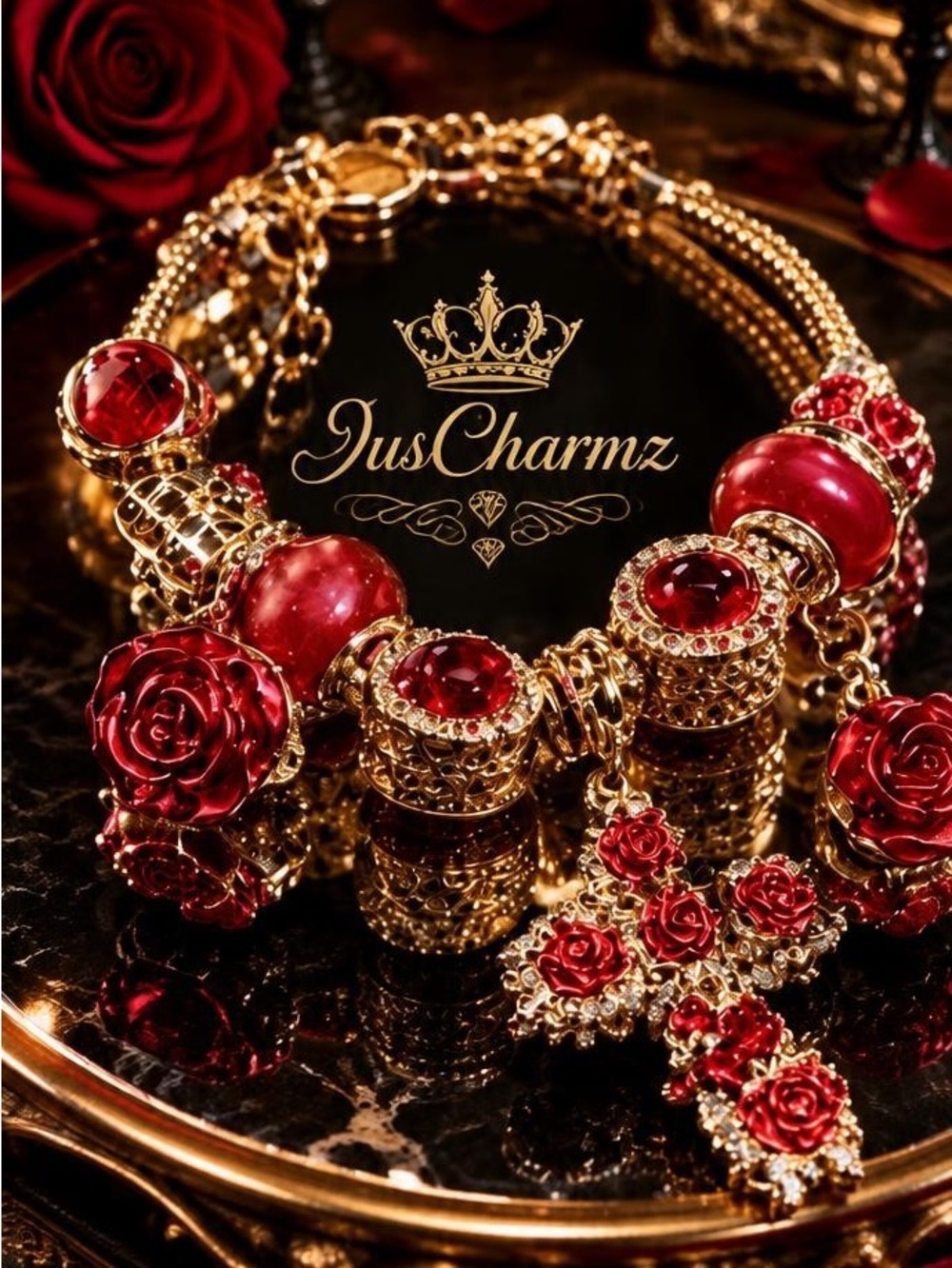 Whimsigoth Red Rose Cross Gold Charm Bracelet - Picture 2 of 2